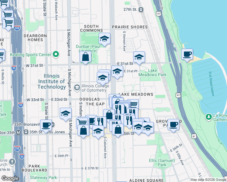 map of restaurants, bars, coffee shops, grocery stores, and more near 3254 South King Drive in Chicago
