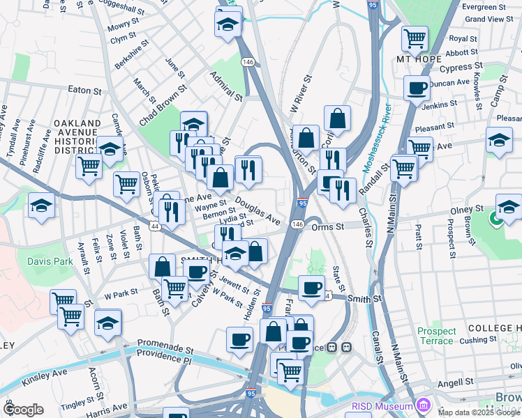 map of restaurants, bars, coffee shops, grocery stores, and more near 12 Goddard Street in Providence