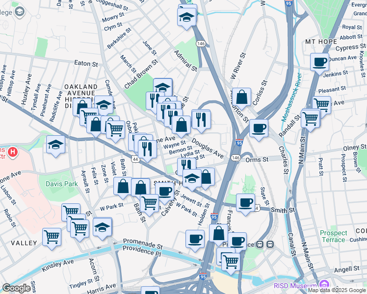 map of restaurants, bars, coffee shops, grocery stores, and more near 82 Lydia Street in Providence