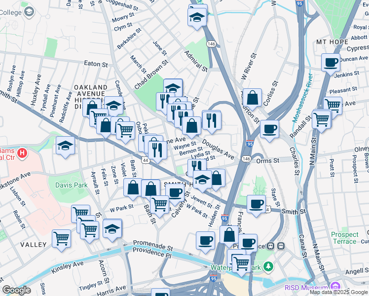 map of restaurants, bars, coffee shops, grocery stores, and more near 82 Lydia Street in Providence