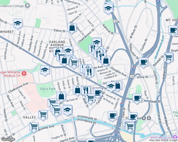 map of restaurants, bars, coffee shops, grocery stores, and more near 52 Nolan Street in Providence