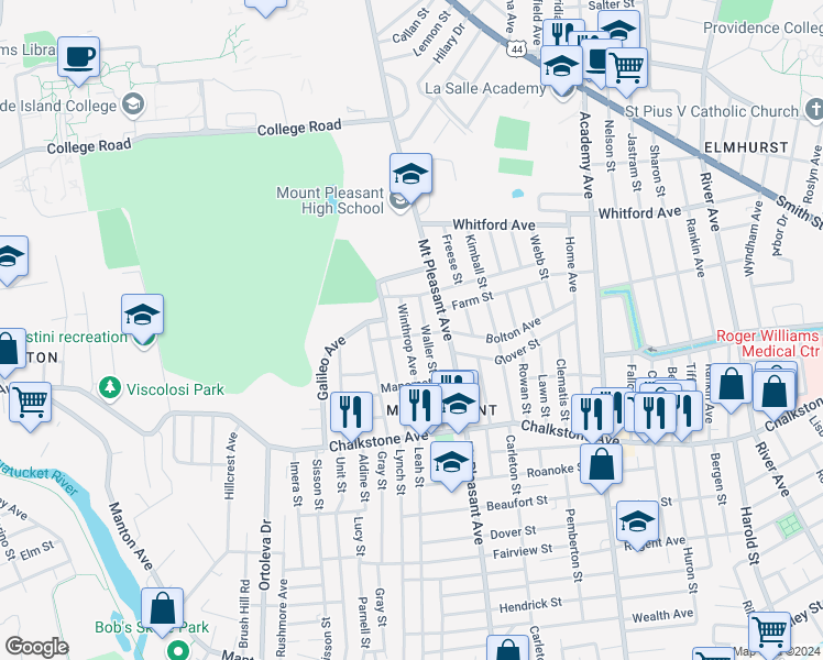 map of restaurants, bars, coffee shops, grocery stores, and more near 83 Standish Avenue in Providence