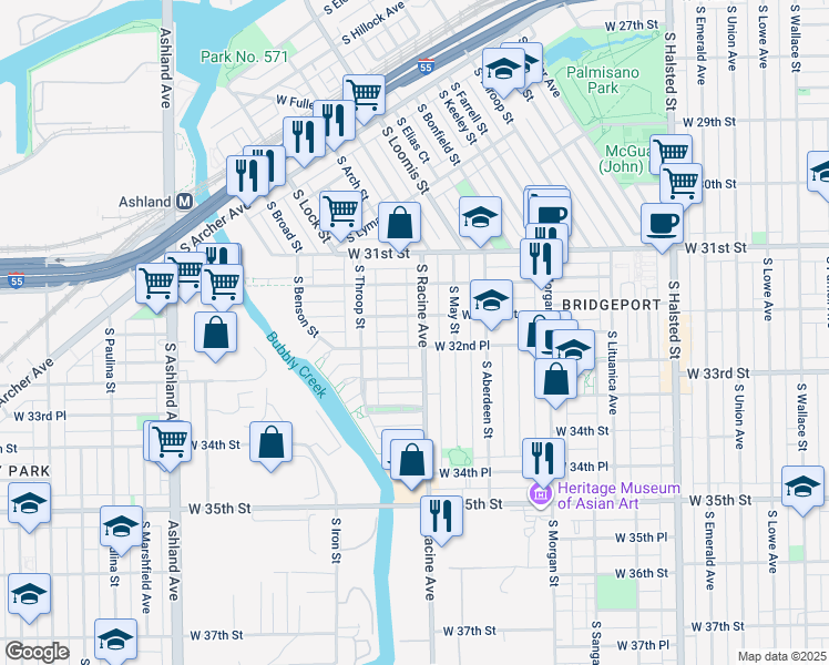 map of restaurants, bars, coffee shops, grocery stores, and more near 1225 West 32nd Place in Chicago