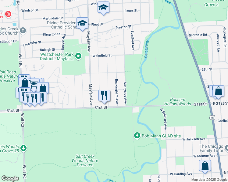 map of restaurants, bars, coffee shops, grocery stores, and more near 3021 Downing Avenue in Westchester