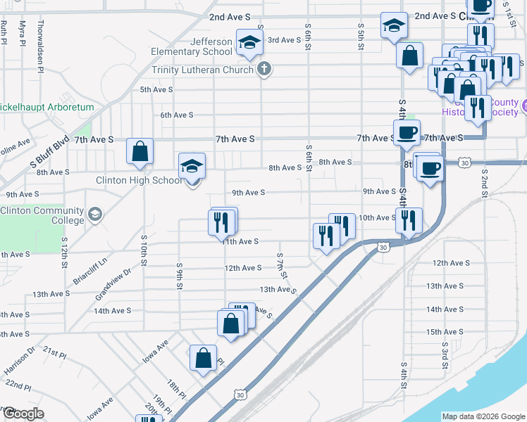 map of restaurants, bars, coffee shops, grocery stores, and more near 713 10th Avenue South in Clinton