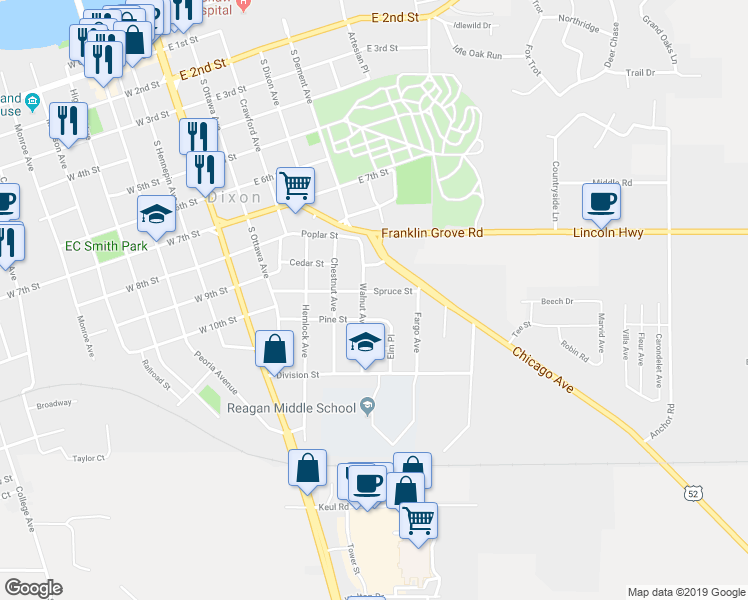 map of restaurants, bars, coffee shops, grocery stores, and more near 610 Spruce Street in Dixon
