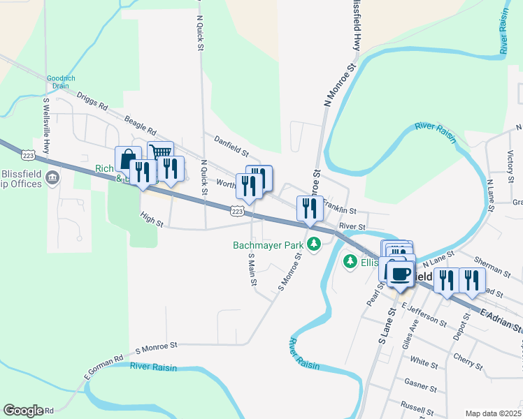 map of restaurants, bars, coffee shops, grocery stores, and more near 424 West Adrian Street in Blissfield