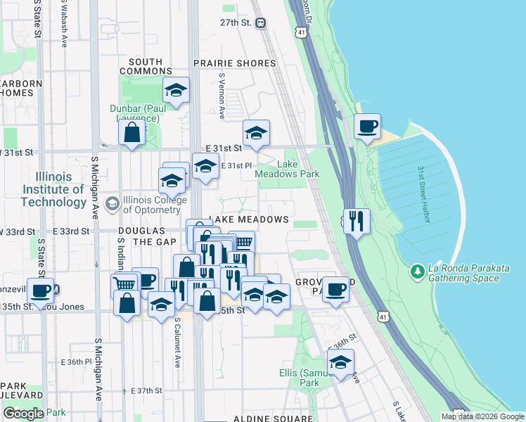map of restaurants, bars, coffee shops, grocery stores, and more near 3300 South Rhodes Avenue in Chicago
