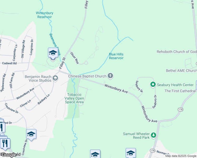 map of restaurants, bars, coffee shops, grocery stores, and more near 156 Wintonbury Avenue in Bloomfield