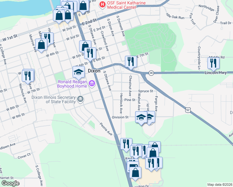 map of restaurants, bars, coffee shops, grocery stores, and more near 1019 Hemlock Avenue in Dixon
