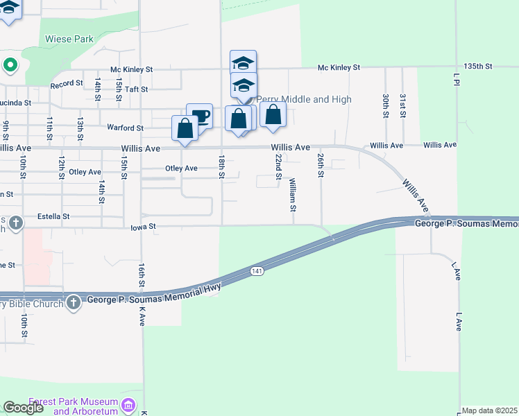 map of restaurants, bars, coffee shops, grocery stores, and more near 2902 Iowa Street in Perry