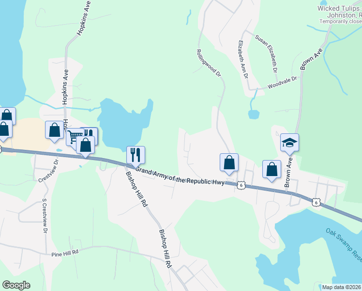 map of restaurants, bars, coffee shops, grocery stores, and more near 18 Elmdale Avenue in Johnston