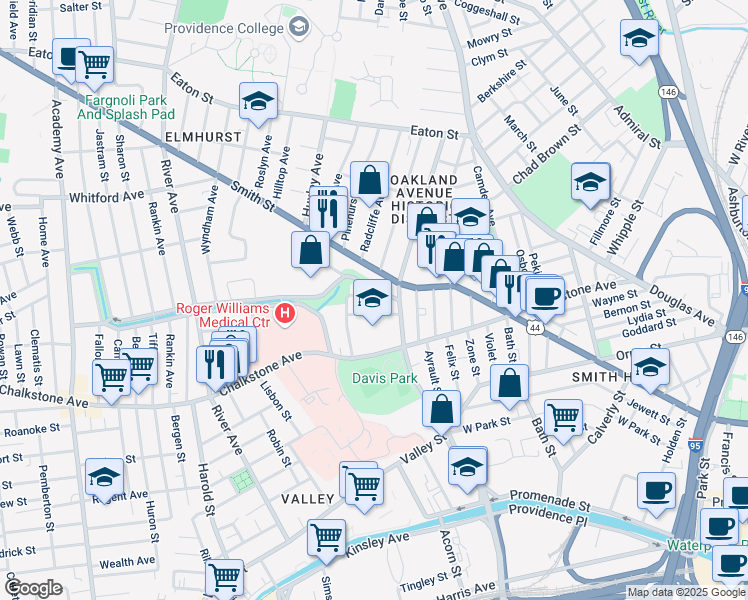 map of restaurants, bars, coffee shops, grocery stores, and more near 29 Higgins Avenue in Providence