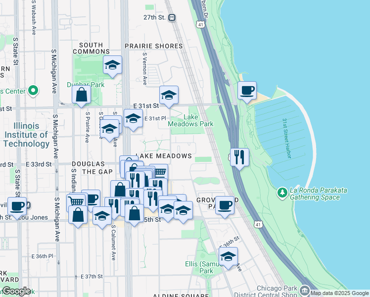 map of restaurants, bars, coffee shops, grocery stores, and more near 3300 South Rhodes Avenue in Chicago