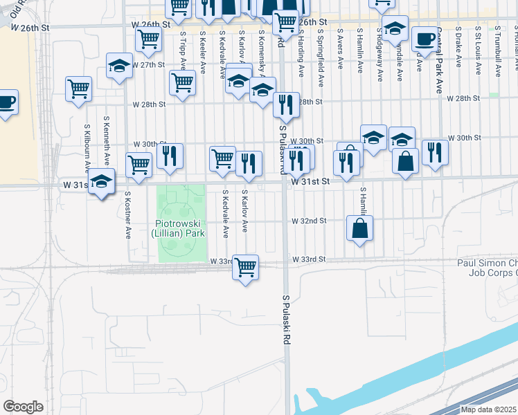 map of restaurants, bars, coffee shops, grocery stores, and more near 3204 South Komensky Avenue in Chicago