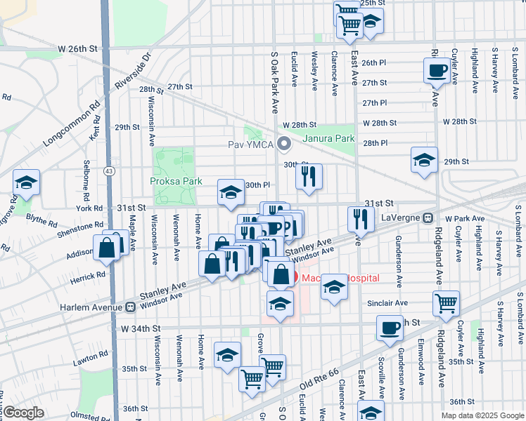 map of restaurants, bars, coffee shops, grocery stores, and more near 3122 Oak Park Avenue in Berwyn