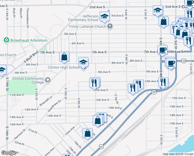 map of restaurants, bars, coffee shops, grocery stores, and more near 1001-1099 S 8th St in Clinton