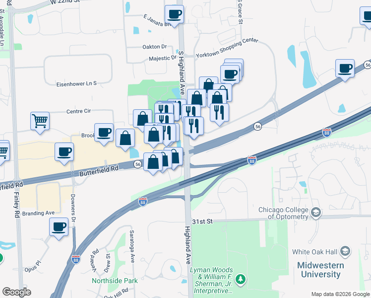 map of restaurants, bars, coffee shops, grocery stores, and more near 2723 South Highland Avenue in Lombard