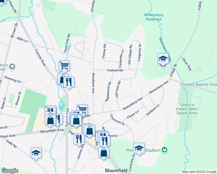 map of restaurants, bars, coffee shops, grocery stores, and more near 24 Applewood Road in Bloomfield