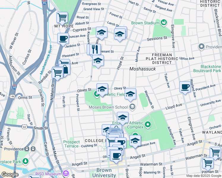 map of restaurants, bars, coffee shops, grocery stores, and more near Hope St & Olney St in Providence