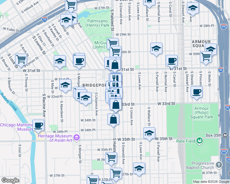 map of restaurants, bars, coffee shops, grocery stores, and more near 3252 South Halsted Street in Chicago