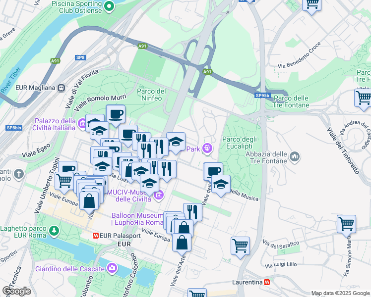 map of restaurants, bars, coffee shops, grocery stores, and more near 20 Piazzale dell'Industria in Roma