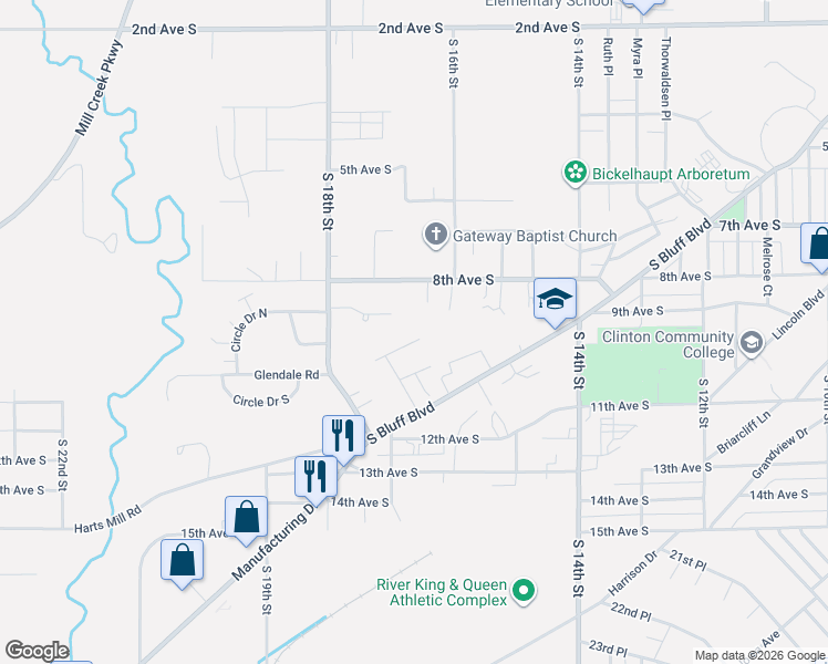 map of restaurants, bars, coffee shops, grocery stores, and more near 1600 Circle Drive East in Clinton