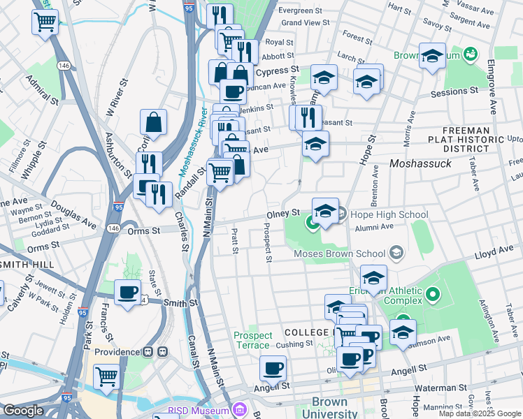 map of restaurants, bars, coffee shops, grocery stores, and more near 2 Thomas Olney Common in Providence