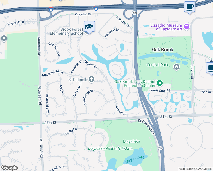 map of restaurants, bars, coffee shops, grocery stores, and more near 26 Regent Drive in Oak Brook