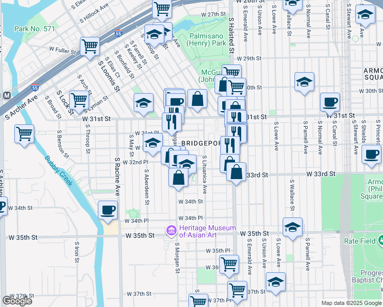 map of restaurants, bars, coffee shops, grocery stores, and more near 918 West 32nd Street in Chicago