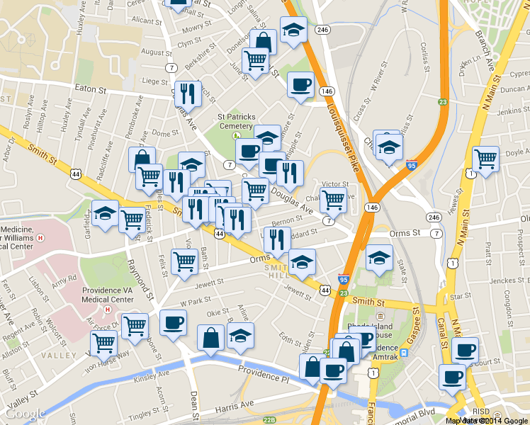 map of restaurants, bars, coffee shops, grocery stores, and more near 53 Candace Street in Providence