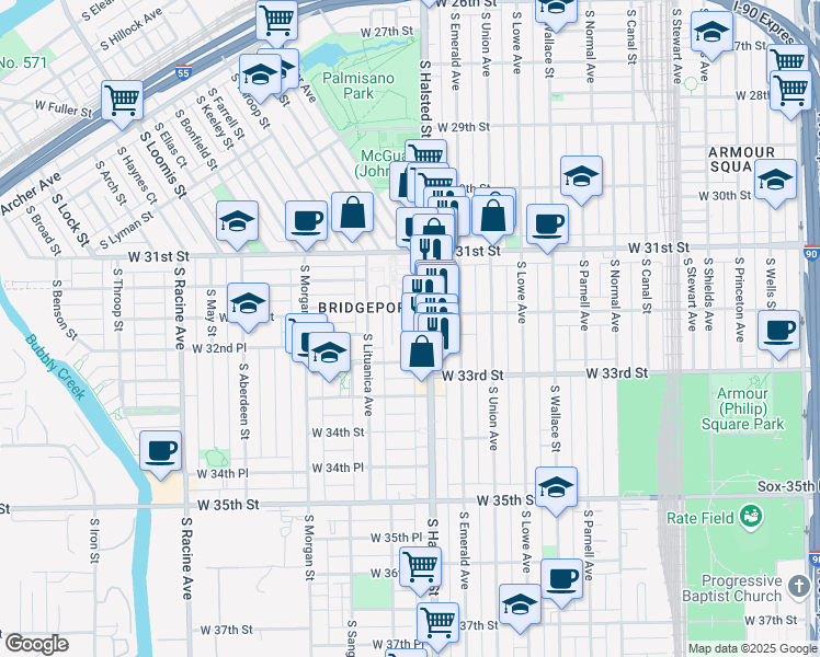map of restaurants, bars, coffee shops, grocery stores, and more near 3150 South Halsted Street in Chicago