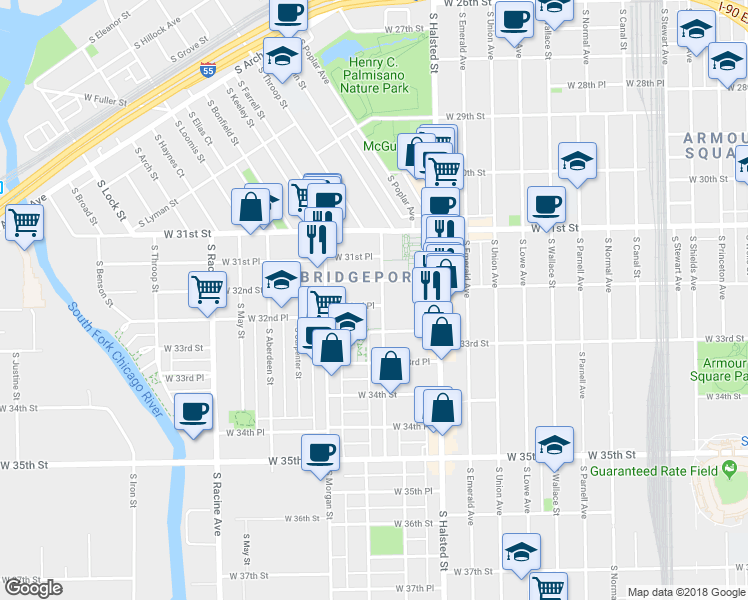 map of restaurants, bars, coffee shops, grocery stores, and more near 918 West 32nd Street in Chicago