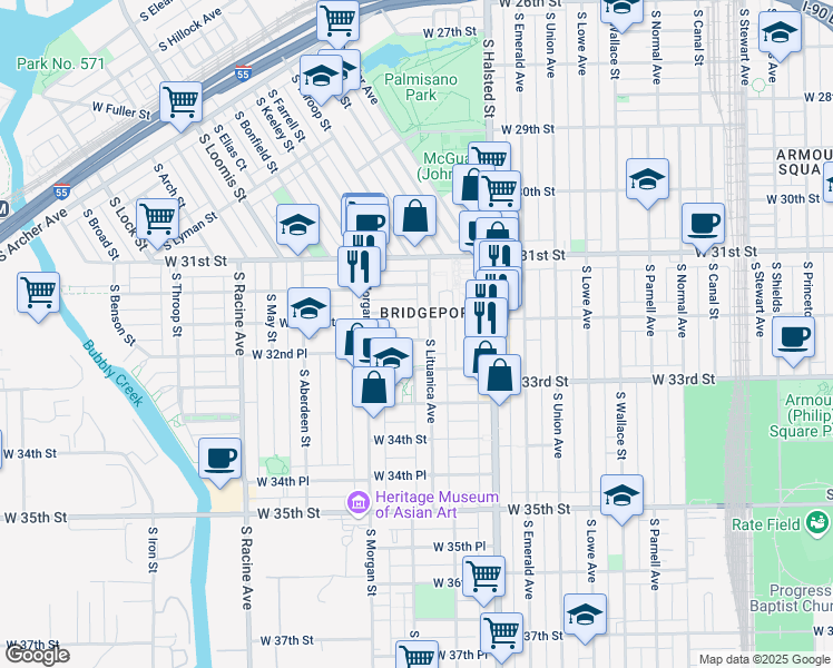 map of restaurants, bars, coffee shops, grocery stores, and more near 918 West 32nd Street in Chicago
