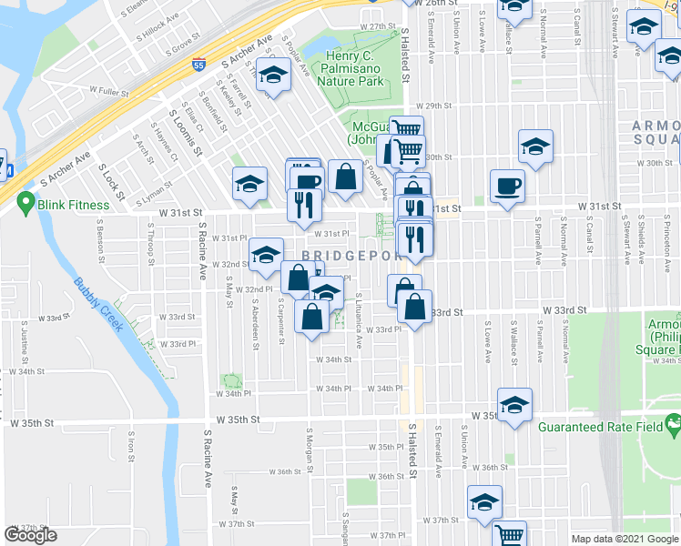 map of restaurants, bars, coffee shops, grocery stores, and more near 918 West 32nd Street in Chicago