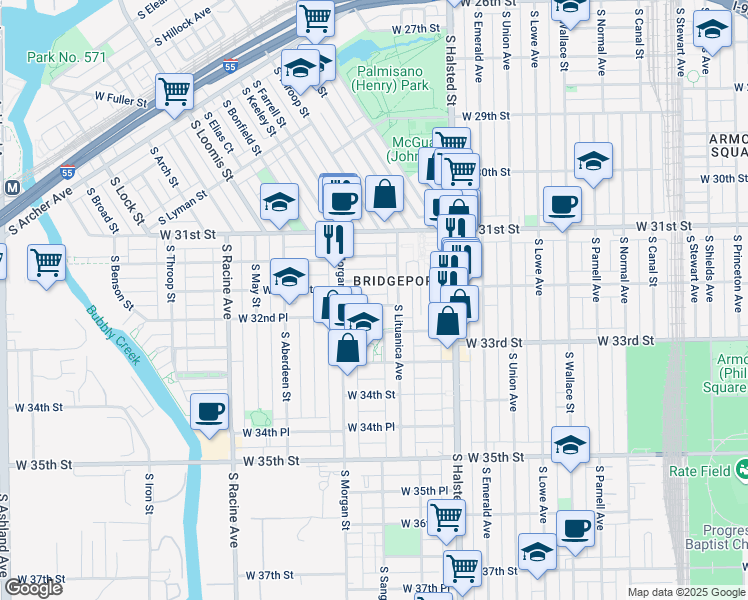 map of restaurants, bars, coffee shops, grocery stores, and more near 918 West 32nd Street in Chicago