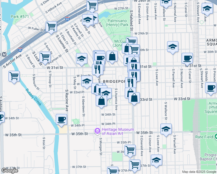 map of restaurants, bars, coffee shops, grocery stores, and more near 918 West 32nd Street in Chicago