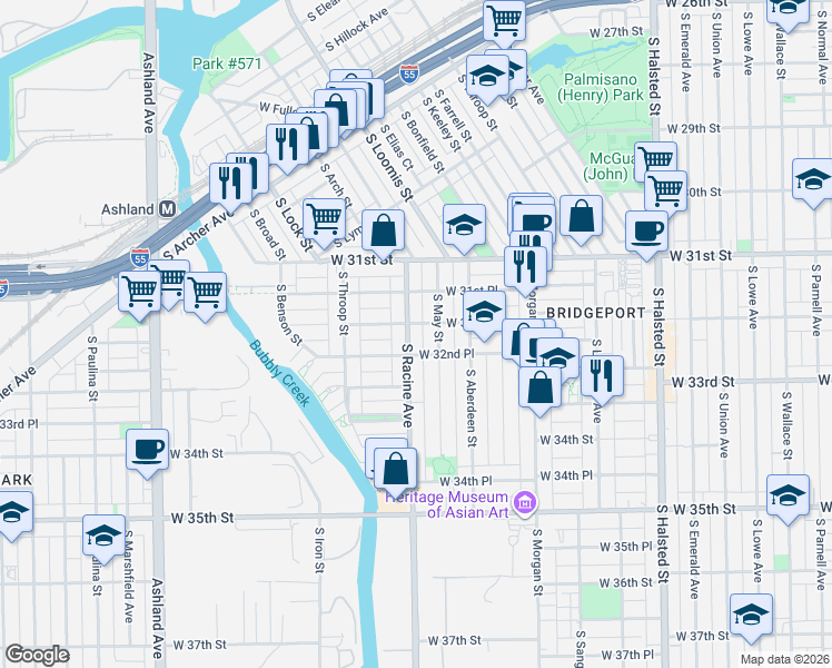 map of restaurants, bars, coffee shops, grocery stores, and more near 3151 South Racine Avenue in Chicago