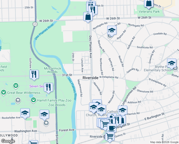 map of restaurants, bars, coffee shops, grocery stores, and more near 8016 Edgewater Road in North Riverside