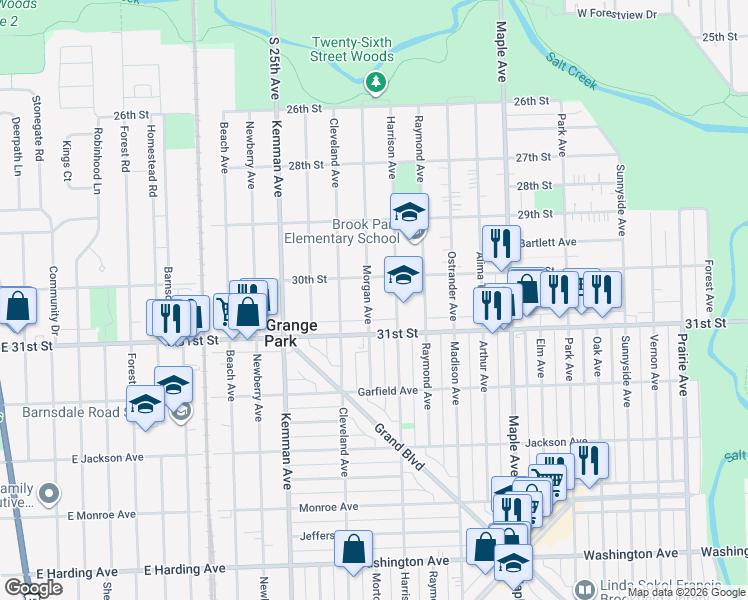 map of restaurants, bars, coffee shops, grocery stores, and more near 1127 Morgan Avenue in La Grange Park
