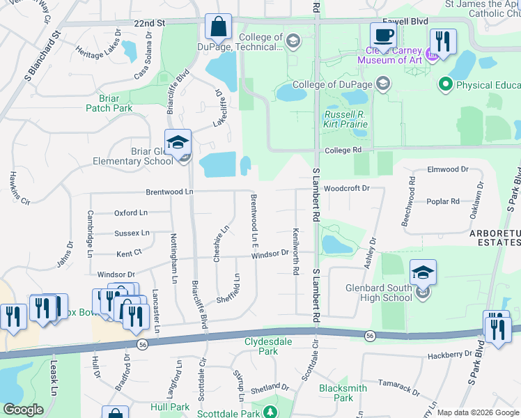 map of restaurants, bars, coffee shops, grocery stores, and more near 1844 Brentwood Lane East in Wheaton