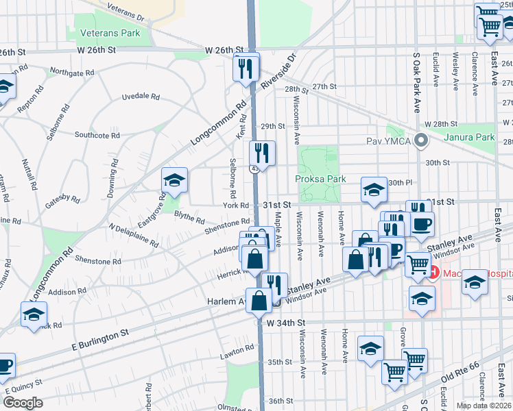 map of restaurants, bars, coffee shops, grocery stores, and more near S Harlem Ave & 31st St in Berwyn