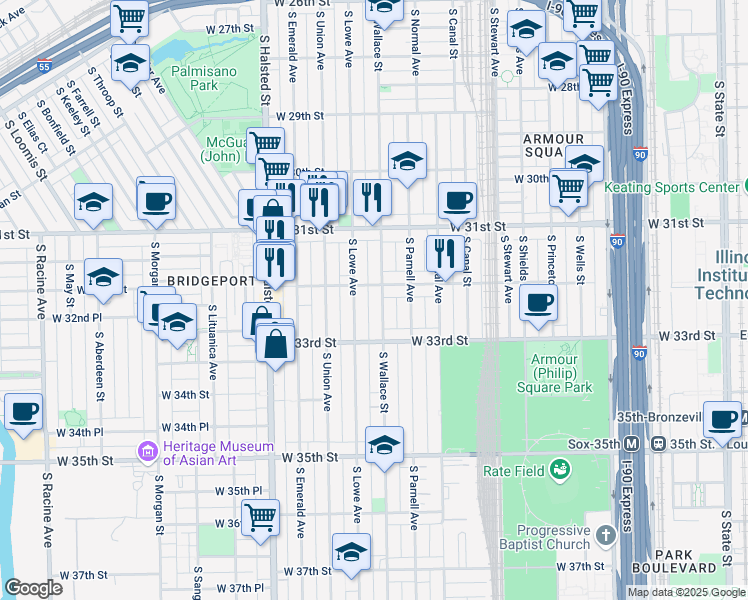 map of restaurants, bars, coffee shops, grocery stores, and more near 3156 South Wallace Street in Chicago