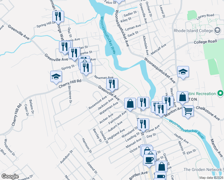 map of restaurants, bars, coffee shops, grocery stores, and more near 133 Greenville Avenue in Johnston