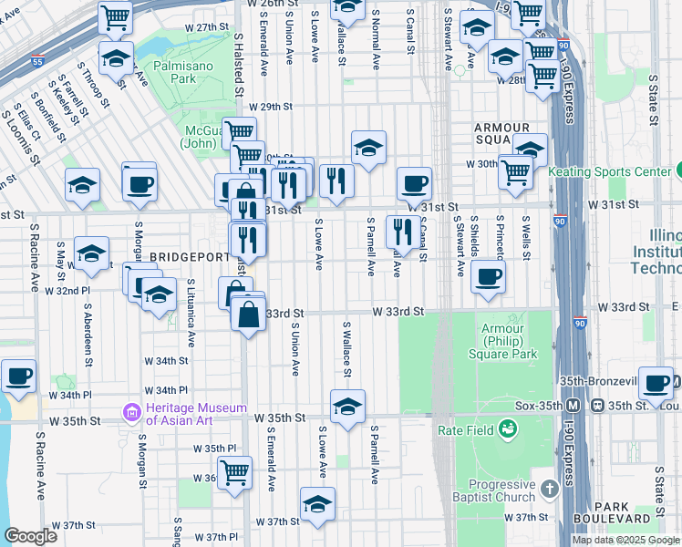 map of restaurants, bars, coffee shops, grocery stores, and more near 3214 South Wallace Street in Chicago