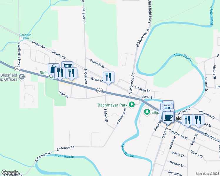 map of restaurants, bars, coffee shops, grocery stores, and more near 424 West Adrian Street in Blissfield