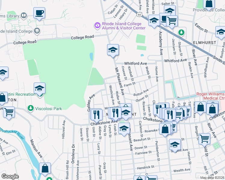 map of restaurants, bars, coffee shops, grocery stores, and more near 150 Metropolitan Road in Providence