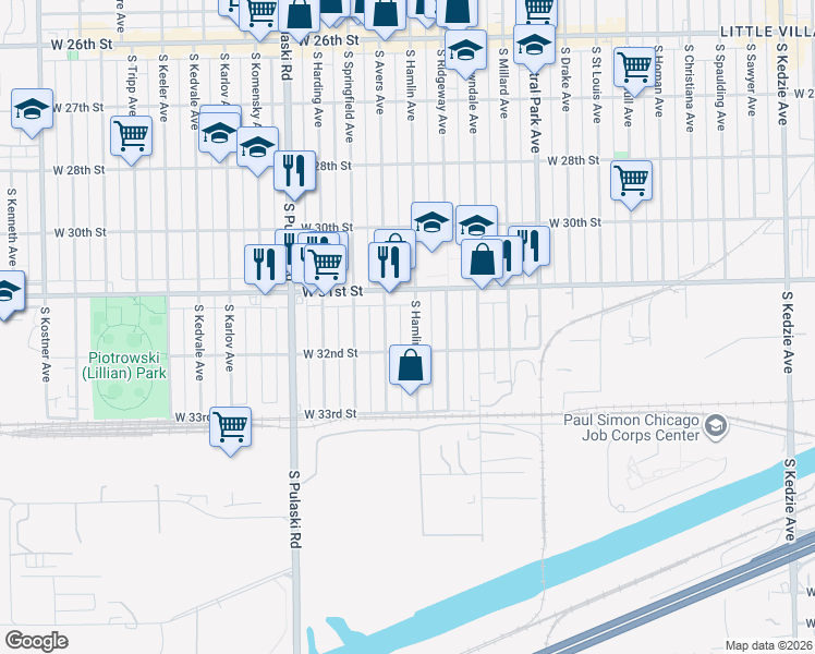 map of restaurants, bars, coffee shops, grocery stores, and more near 3114 South Hamlin Avenue in Chicago