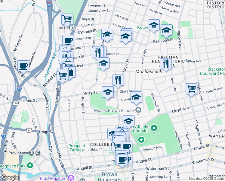 map of restaurants, bars, coffee shops, grocery stores, and more near 222 Olney Street in Providence