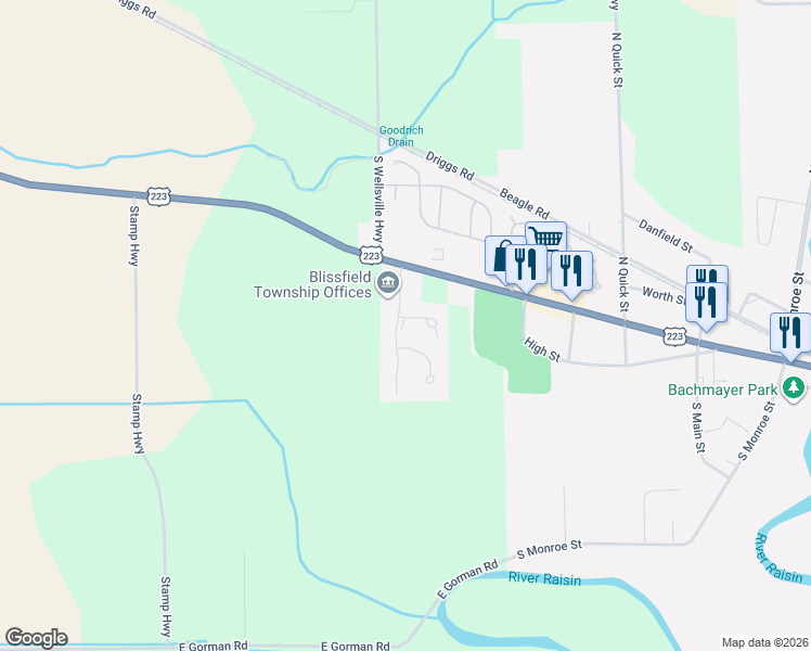 map of restaurants, bars, coffee shops, grocery stores, and more near 704 Korey's Circle in Blissfield